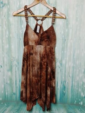90's Handkerchief Cut Tunic Brown Tie Dye Medium